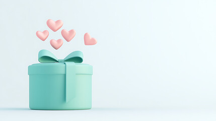 Celebratory gift box with floating hearts minimalist studio setting digital art peaceful atmosphere eye level view love concept