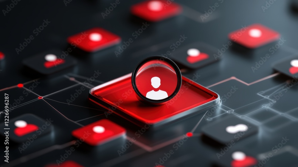Poster closeup of a vibrant red push button with contrasting white center, study in color and minimalist de