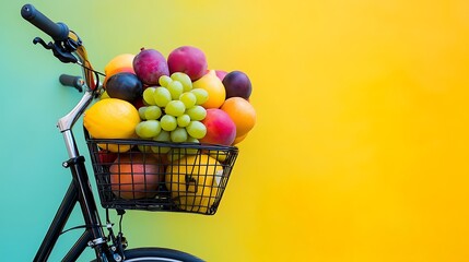 A bicycle with a basket full of various fruits isolated on a colorful background