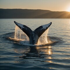 A whale gliding through a summer sea, golden light reflecting off its body.