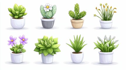 Fototapeta premium A collection of potted succulents and cacti in white pots, showcasing a variety of green plants and colorful flowers.