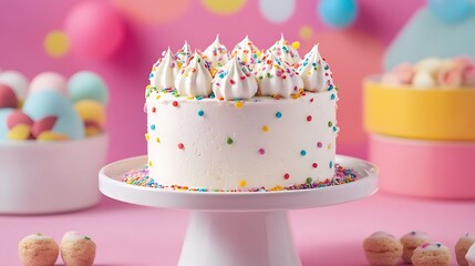 A birthday party decorated with cream cake and treats isolated on a colorful background