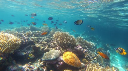 Naklejka premium Vibrant underwater scene showcasing coral reefs and diverse fish species.