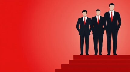 Fototapeta premium Three men on a red stage, captivating scene of performance and presence three