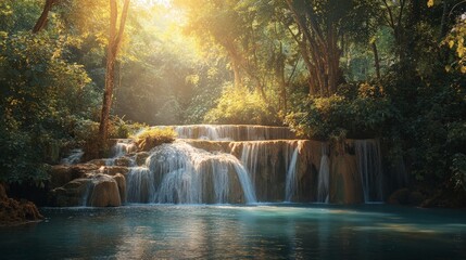 Fototapeta premium Serene Waterfall Cascading into Tranquil Pool Surrounded by Nature