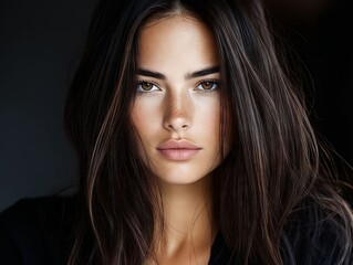 Fototapeta premium A woman with long brown hair and a black shirt