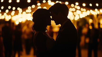 Romantic Couple Silhouette Night Wedding Lights Embrace love dark warm kiss blur event party dance  