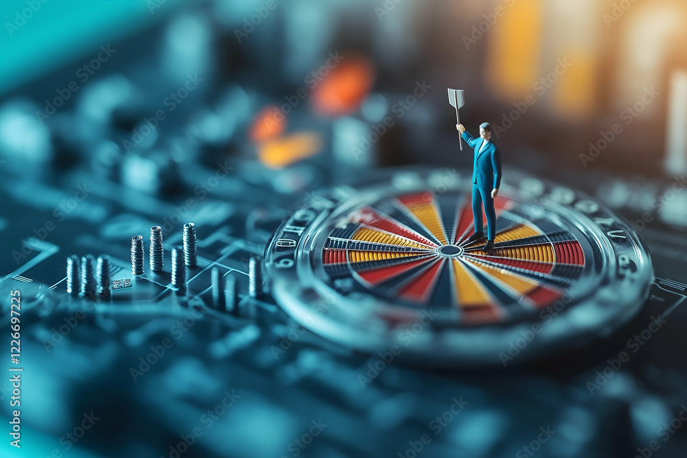 Poster a miniature figure stands on a colorful wheel, symbolizing finance and decision-making amidst a back