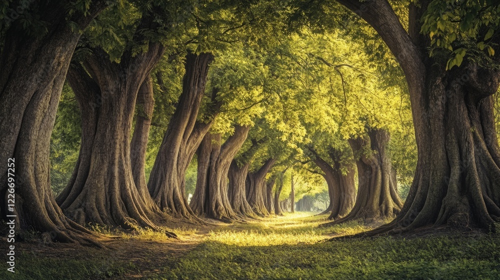 Poster path through a forest with trees casting dappled light and sunlight filtering through the canopy.