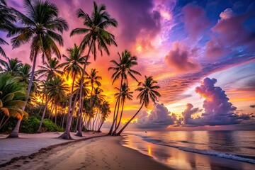 Obraz premium Amazing Beach Sunset, Palm Trees, Island Paradise, Travel Banner, Summer Holiday