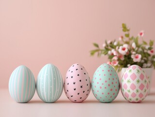 Unique Easter egg designs with spring-inspired themes, detailed patterns, displayed with pastel-colored props