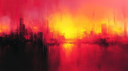 Abstract bright red pink and yellow motion glitch art background with geometric shapes, pixelated textures, and digital noise.