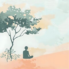 A serene illustration of a person meditating under a tree, evoking tranquility and mindfulness.