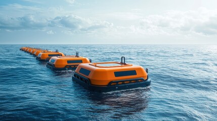 Serene orange boats, a tranquil scene of vessels floating on calm ocean waters