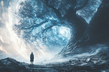 A man near a large tree watches a portal in the sky. The concept of connection with another world. Generated by artificial intelligence.