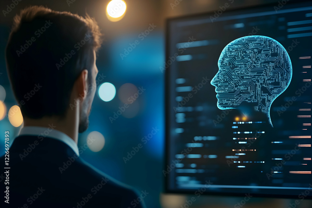Poster a man in a suit observes a digital screen displaying a glowing, neural network representation of a h