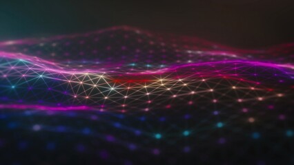 Futuristic interconnected particle mesh with bright multicolor points and smooth flowing lines, creating a modern technology-inspired abstract wave pattern