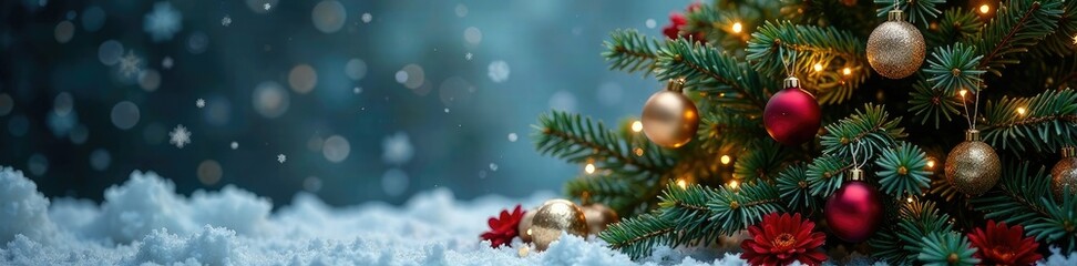 Obraz premium Decorated fir tree with Santini Brunia and chrysanthemums in a winter wonderland scene, Christmas, fresh flowers, fir