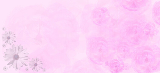 Dreamy soft pink background with  flowers merging in a pastel colored. Template banner. Wedding, Birthday, Valentines Day. Purple pink white gradient toned