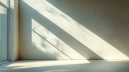 Fototapeta premium Abstract diagonal window shadows and light on beige wall, trendy natural light background with copy space for text overlay.