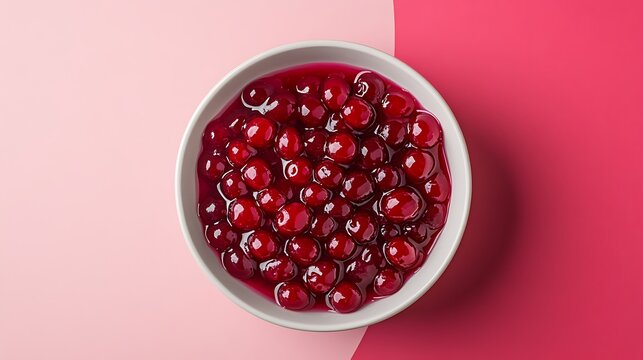 A bowl full of cherry pie filling isolated on a colorful background