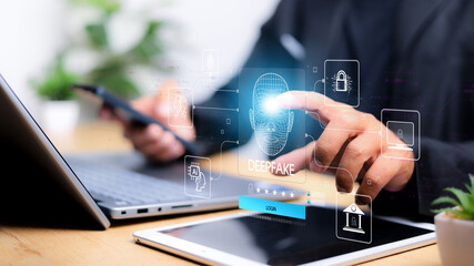 Deepfake concept ,Facial tracking, detection and recognition technology, Security system. Cyber security and Security password login online concept.