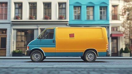 A brightly colored the vehicle with a parcel service symbol is empty
