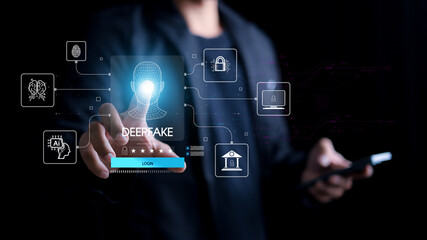 Deepfake concept ,Facial tracking, detection and recognition technology, Security system. Cyber...