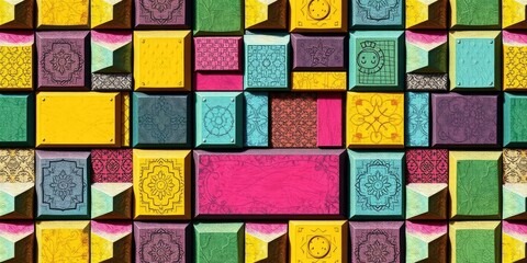 Geometric pattern of colorful blocks on wallpaper backdrop, stylish, block wallpaper, texture