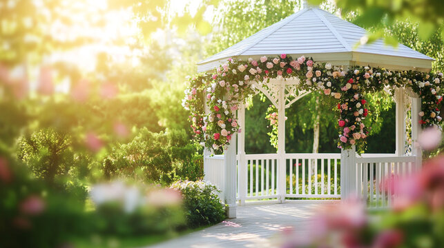 Beautiful White Garden Gazebo Decorated with Pink Roses Summer Romance Park Love Event Green Floral 