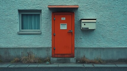 Red door, mailbox, window, building exterior, overcast