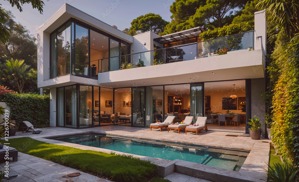 Aufkleber a large house with a pool and a patio. the house is white and has a lot of windows