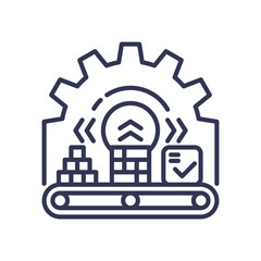 Illustration of ETL process with gear, conveyor, and data symbols.
