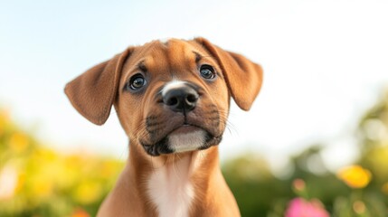 Playful puppy with bright eyes sits in blooming garden, radiatin