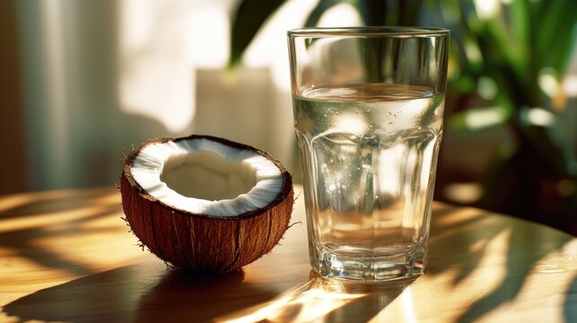 A refreshing beverage scene featuring a coconut and water on the table. The simplicity of the image suggests a connection with nature, health, or vacation themes.