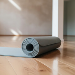 Close-up of a yoga mat on a polished wooden floor, with a blurred background of a calm, minimalist studio. Soft lighting 