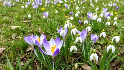 Crocus and snowdrop blossoms in a springtime meadow