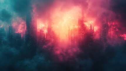 Abstract glitch art background with green, pink, and blue fragmented textures evokes a retro-futuristic cyberpunk aesthetic.