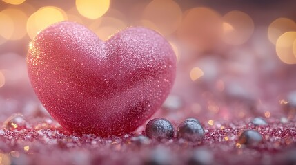 Fototapeta premium Abstract glittery pink Valentine's Day background with a cute 3D heart, golden lights, bokeh, and silver confetti.