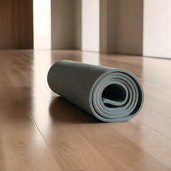 Close-up of a yoga mat on a polished wooden floor, with a blurred background of a calm, minimalist studio. Soft lighting 