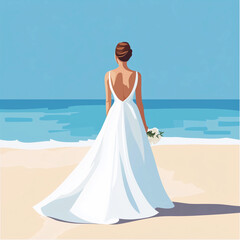 Rear view of beautiful bride looking to the sea. Illustration. Generative ai