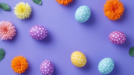 Colorful polka-dot easter eggs on a pastel purple background with copy space
