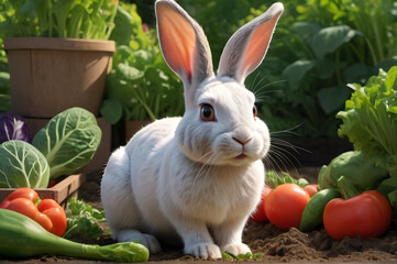 Playful white rabbit among the vegetables in the garden