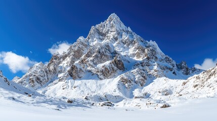 Obraz premium Majestic snow-covered mountain peak rises into a clear blue sky during a bright sunny day.