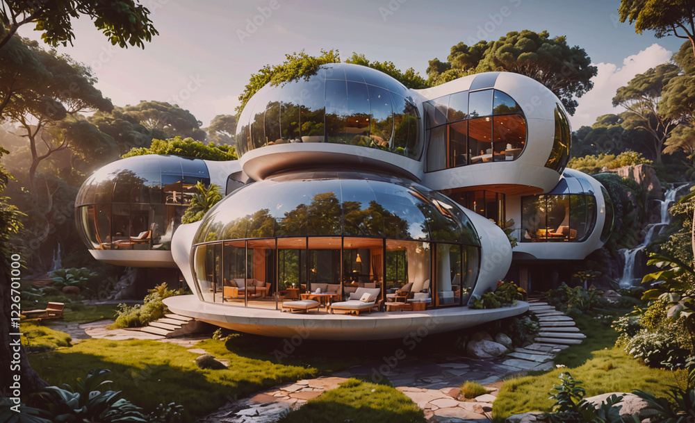Poster A large house with a pool and a waterfall in the background. The house is made of glass and has a lot of windows