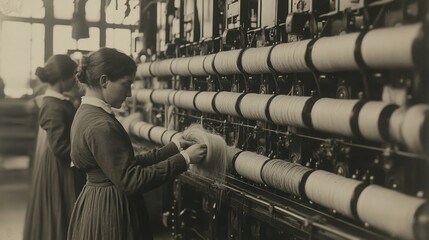 Naklejka premium Women operating machinery in a textile factory, showcasing early industrial labor.