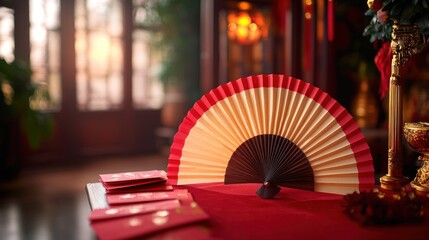 Red fan, envelopes, Asian room, sunset