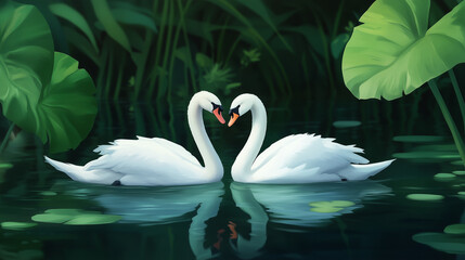 Two swans gracefully glide together in a peaceful pond, symbolizing love, harmony, and serenity. A perfect nature scene for romantic, tranquil, and elegant designs.