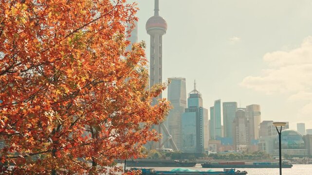 Cityscape view of Shanghai city in autumn season. Skyscraper of Lujiazui in Pudong. landmark and popular for tourism attractions. Travel and Vacation concept