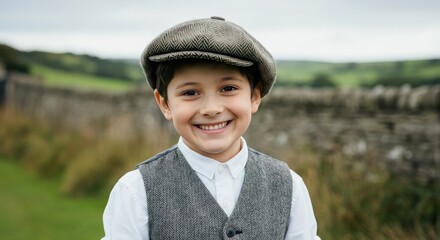 Smiling young caucasian boy in vintage attire outdoors in countryside setting